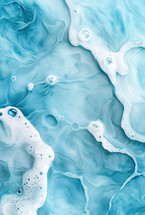 Abstract design featuring swirling blue and white fluid patterns with bubbles, evoking the essence of water, movement, and tranquility.