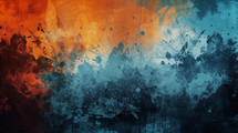 Grunge splattered blue and orange background. 