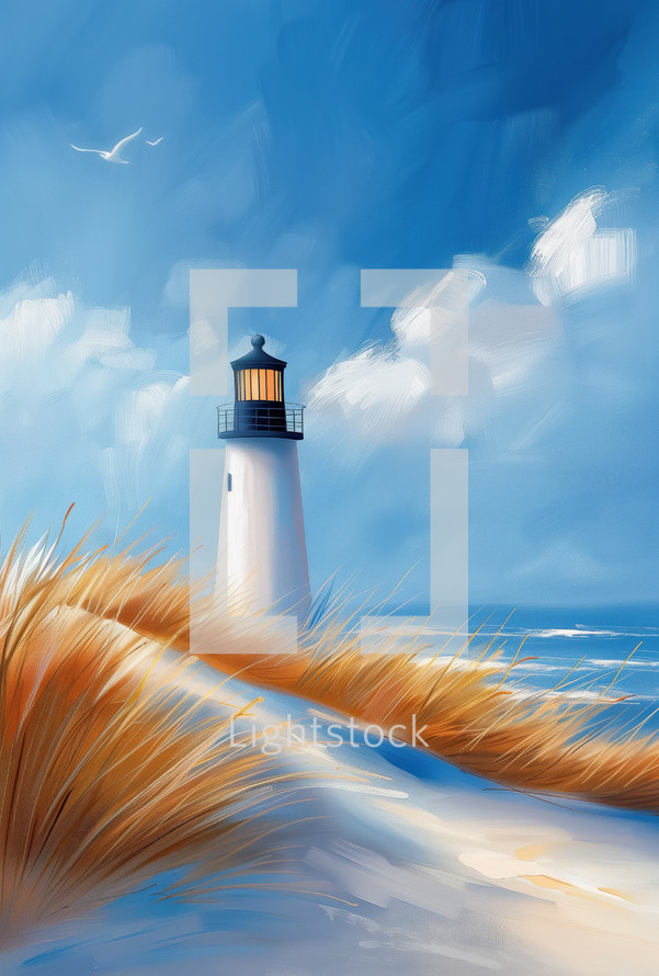 Impressionist painting of a lighthouse by the sea, surrounded by sandy dunes and tall grasses under a bright blue sky. The serene coastal scene captures the beauty of the North Sea coastline.