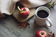 apples, blanket, and fall leaves 