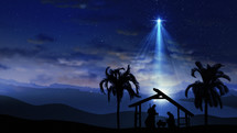 Christmas Scene with twinkling stars and brighter star of Bethlehem with animated trees. Seamless Loop of Nativity Christmas story under starry sky and moving wispy clouds