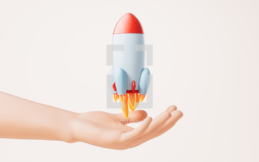 Cartoon rocket in a hand, 3d rendering.