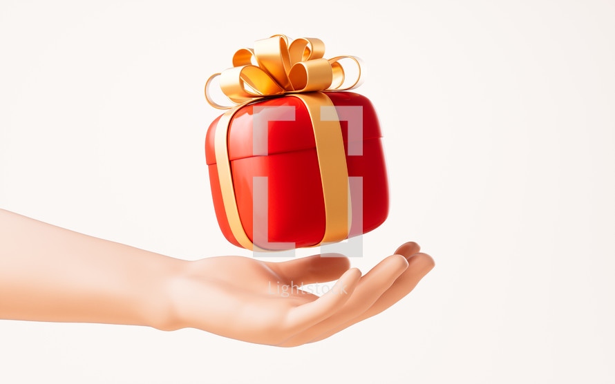 Cartoon gift box in a hand, 3d rendering.