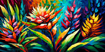 Abstract painting concept. Colorful art of a tropical landscape with flowers.