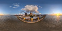 360 aerial photo taken with drone of Estação das Docas at sunset in Belém, Pará, Brazil