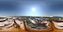 360 aerial photo taken with drone of several restaurants along the Rio Grande River in the Lençóis Maranhenses National Park on north coast of Brazil