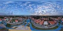 360 aerial photo taken with drone of Praça Matriz in Santo Amaro near the Lençóis Maranhenses National Park on north coast of Brazil