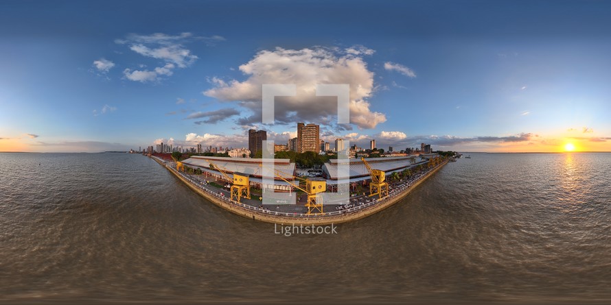 360 aerial photo taken with drone of Estação das Docas at sunset in Belém, Pará, Brazil