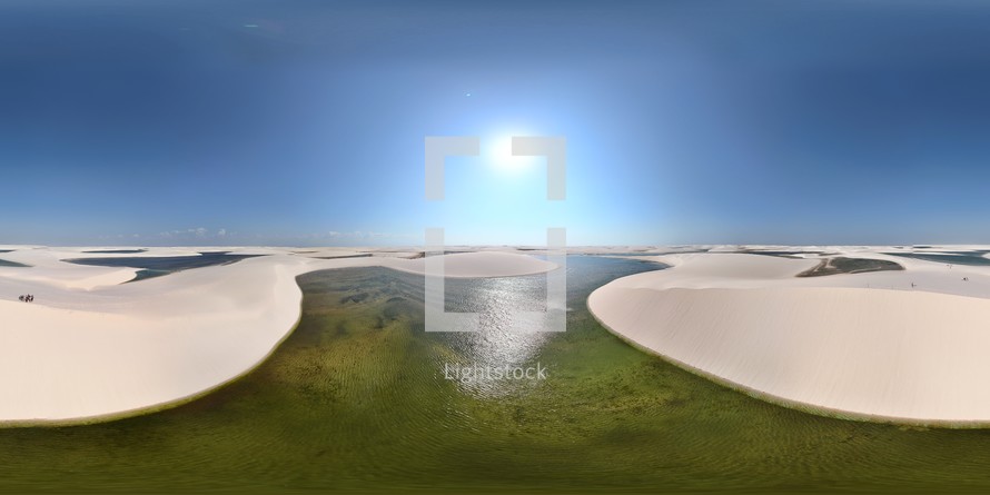 360 aerial photo taken with drone of Lagoa Betânia in the Lençóis Maranhenses National Park on north coast of Brazil