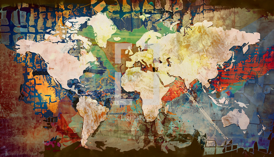 grungy mixed media world map art collage