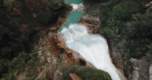 El Chiflon Blue Water Waterfalls In The Jungle Of Chiapas, Mexico - aerial drone shot	