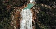 Bird's Eye View Over Chiflon Waterfall With Clear Blue Water In Chiapas, Mexico - drone shot	