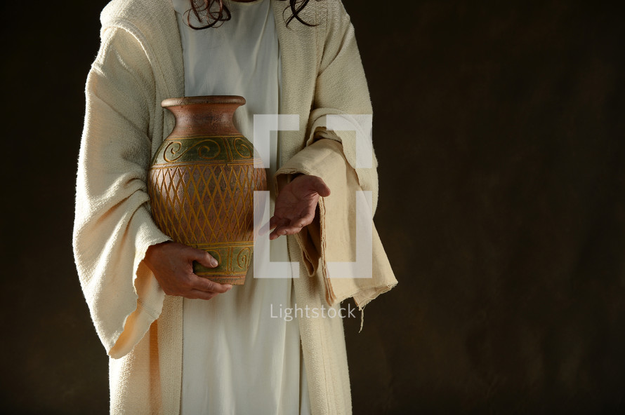 Jesus holding a jug of water 