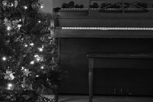 piano and Christmas tree lights 