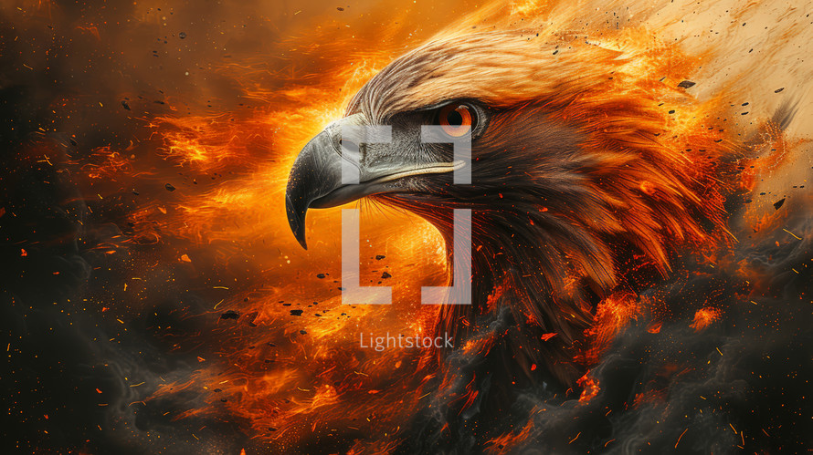 An Eagle standing in the middle of the fire. He looks out over the world. Fire particles are all around. 