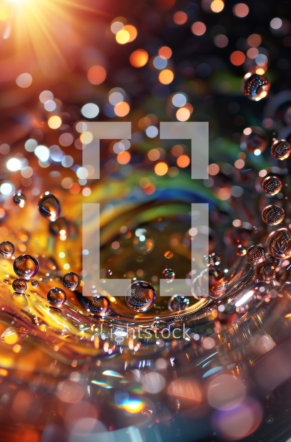 A colorful water splash with water drops in a circular motion and shape. 