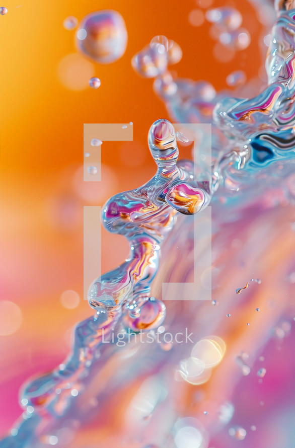 A splash of liquid water in macro set against a colorful background. 