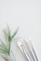 paint brushes and pine branch 