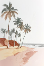 Tropical allure in a minimalist painting, showcasing slender palm trees against a soft, sandy beach and the gentle sea breeze.