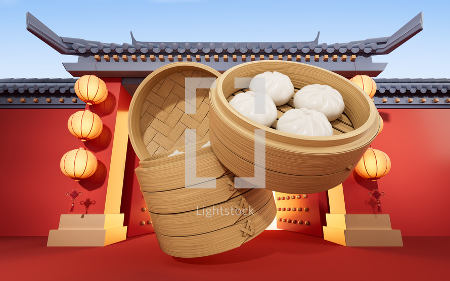 Chinese food baozi in food steamer, 3d rendering.