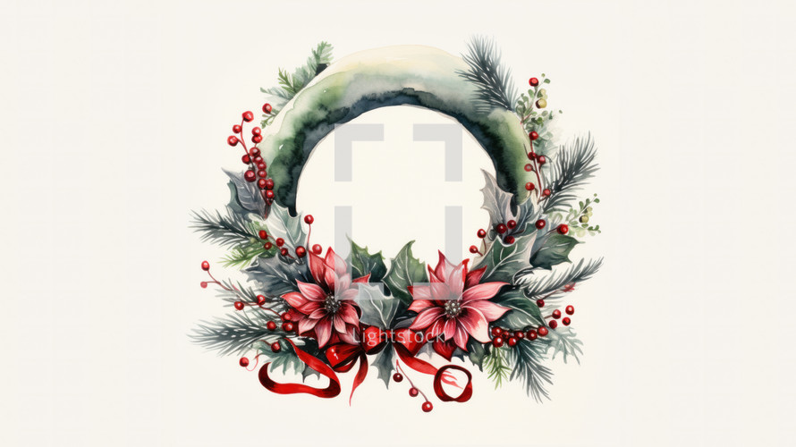 Holiday wreath with red berries and Christmas decoration with winter floral arrangement. 