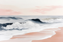 Abstract seaside painting, crashing waves, pastel sky, minimalist approach.