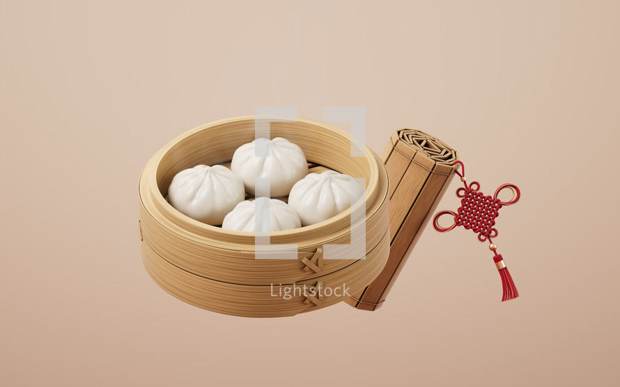 Chinese food baozi in food steamer, 3d rendering.