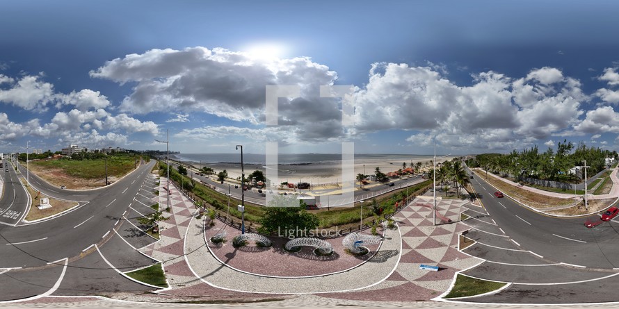 360 aerial photo taken with drone of snake sculpture at Mirante da Litorânea  in São Luís, Maranhão, Brazil