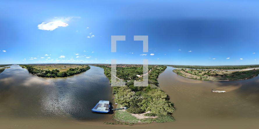 360 aerial photo taken with drone of Parque Ambiental Encontro dos Rios (Meeting of the Rivers) in Teresina, Piauí, Brazil