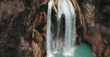 Turquoise Waterfalls Of Chiflon In Chiapas, Mexico - aerial pullback	