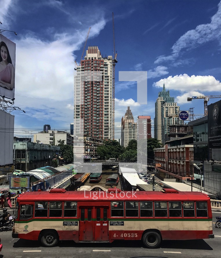 red city bus in Bangkok, Thailand