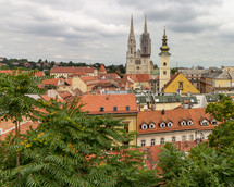 From an overlook in Zagreb, Croatia's Upper Town you can see many landmarks in Lower town like Zagreb Cathedral and Saint Mary at Dolac