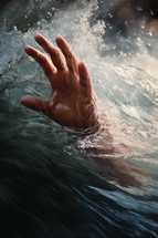 Hand reaching out of the waves