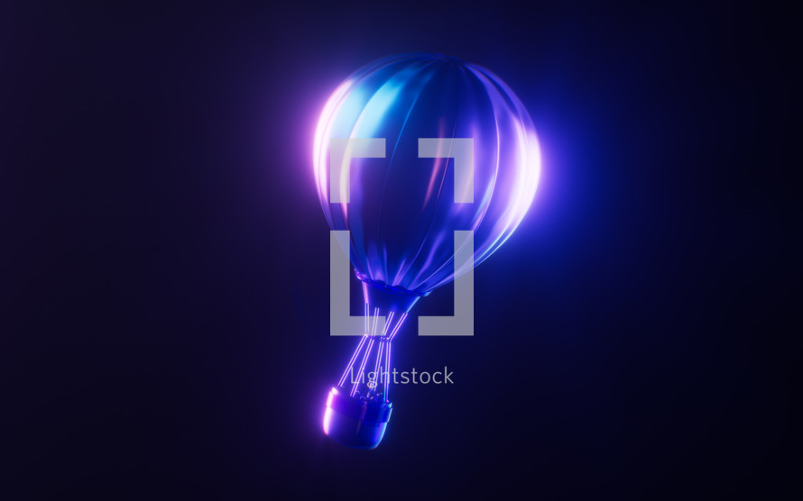 Hot air balloon with dark neon light effect, 3d rendering.