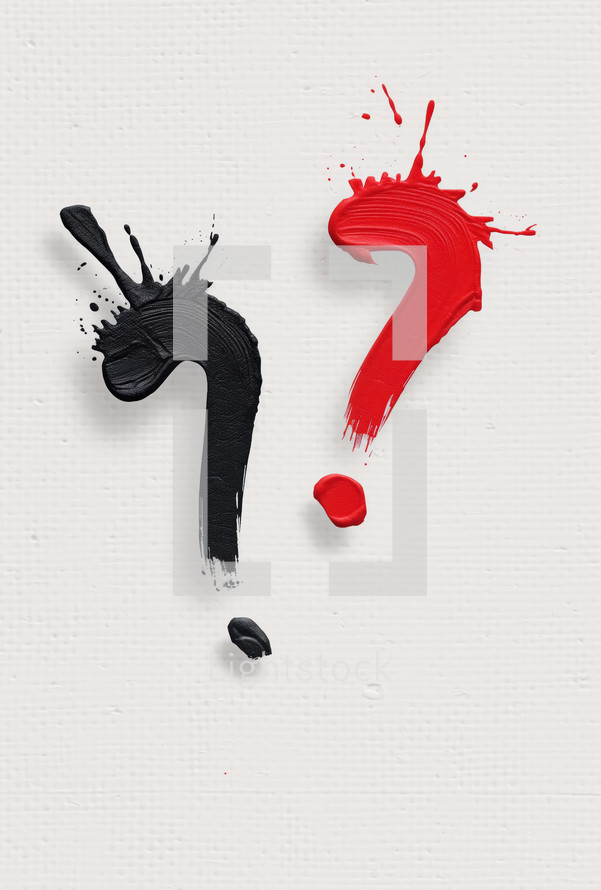 Abstract art featuring black and red paint splashes forming question marks on a white textured background, symbolizing uncertainty or inquiry.