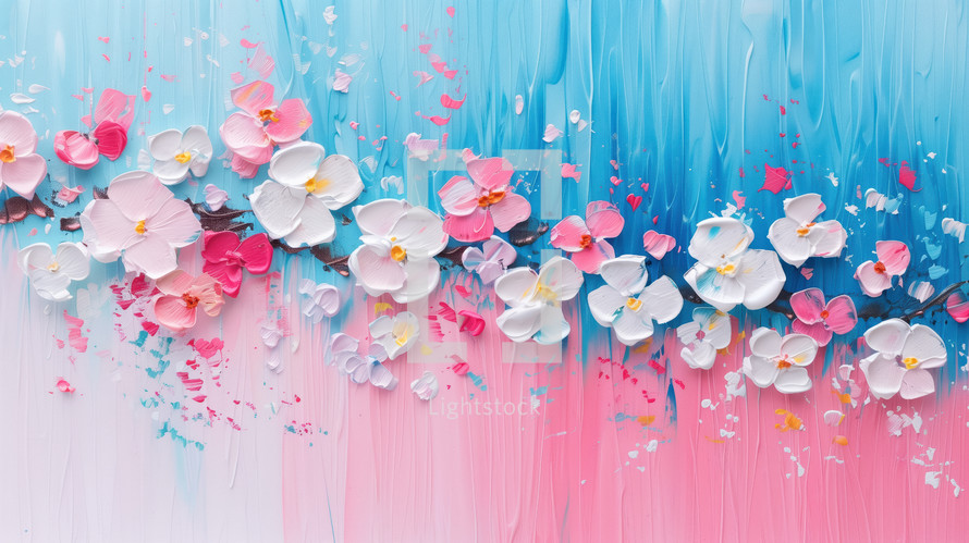 Colorful abstract painting of blooming flowers on a gradient background, blending blue, pink, and white hues. The impasto technique adds texture and depth to the vibrant floral artwork.