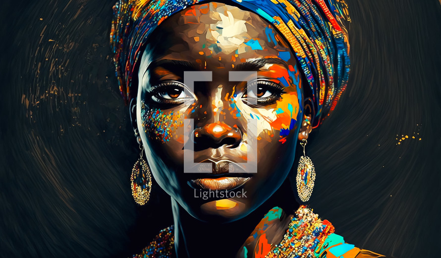 Abstract painting concept. Colorful art portrait of a black woman with modern turban. African culture.