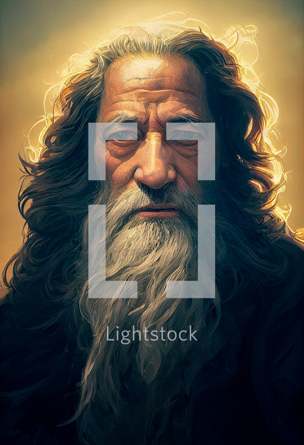 Colorful AI portrait of the biblical Moses in dramatic light. Art illustration.