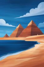 Egyptian pyramids beside a serene water body under a vibrant blue sky. The scene blends ancient architecture with natural beauty in a modern, impressionistic style.