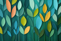 Eco-themed illustration featuring a seamless pattern of stylized leaves in vibrant shades of green, blue, and orange. The design evokes a sense of nature and tranquility.