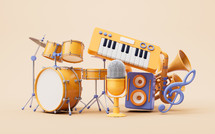 Music instruments with cartoon style, 3d rendering.