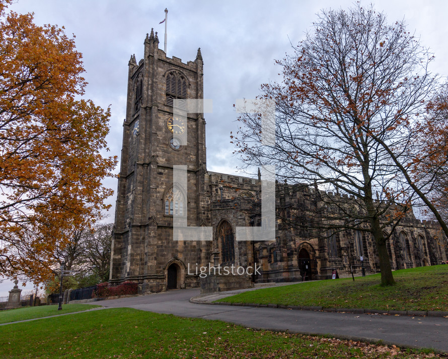 Lancaster Priory sits atop a hill in old town Lancaster near the Castle in Lancashire, England, United Kingdom