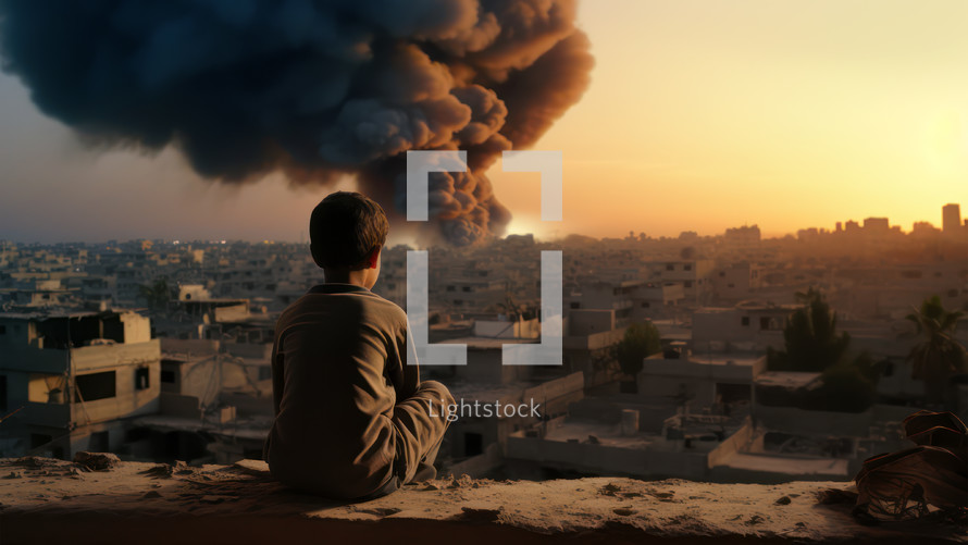 Boy watching a large explosion in a Middle Eastern city from a hill. Urban landscape