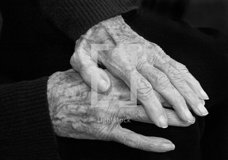 elderly hands in black and white
