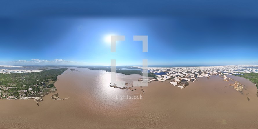 360 aerial photo taken with drone of river delta near north of Lençóis Maranhenses on northeast coast of Brazil