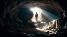 Jesus exits the tomb on Resurrection Sunday 
