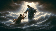 Jesus reaches for the drowning Peter