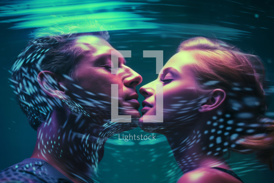 AI Generated Image. Happy couple in love kissing underwater