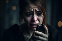 Sad woman looking at her phone