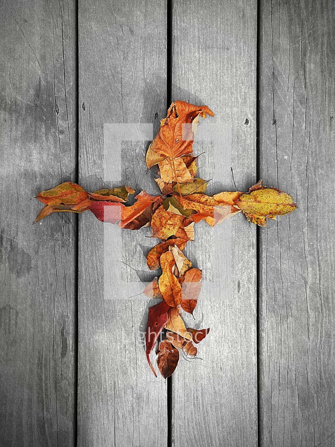 cross made of fall leaves 